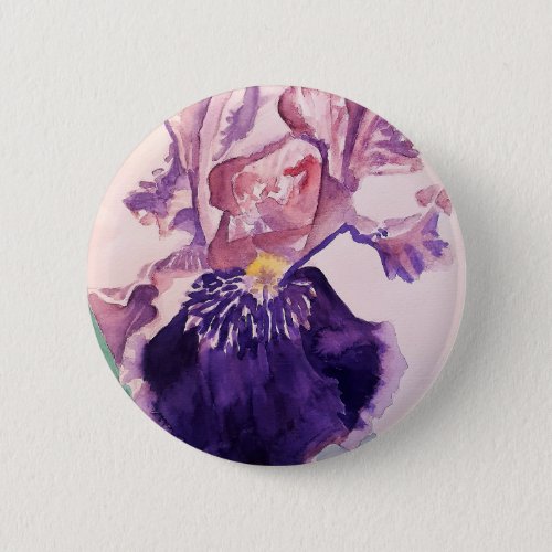 Glorioues Purple Iris Watercolor Painting Button