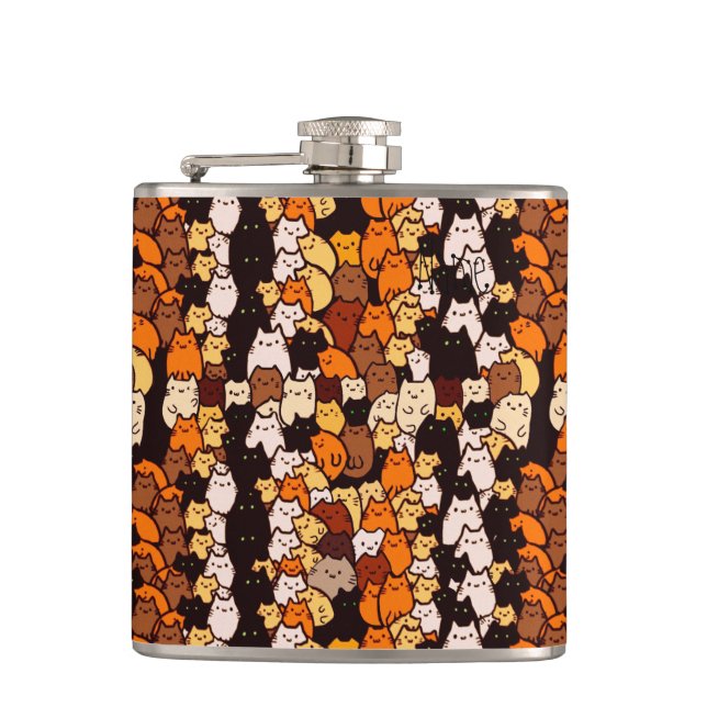 Glorious cats pattern .. Kawaii doodle art Hip Flask (Front)