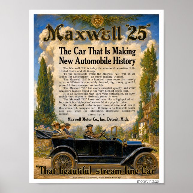 glorious FULL COLOR auto advertising MAXWELL c1925 Poster (Front)