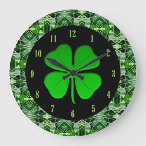 Glorious Green Abstract Pattern Shamrock Clock