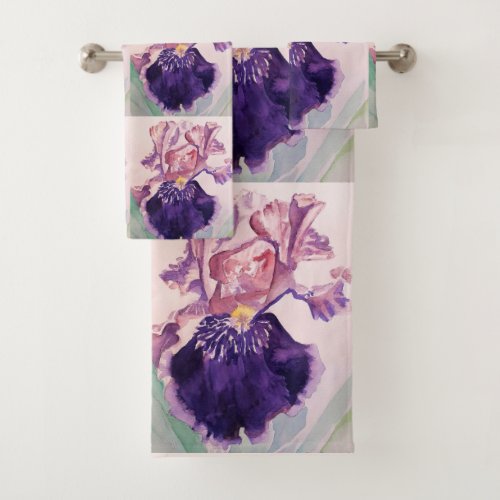 Glorious Purple Iris flowers Watercolor Towel Set