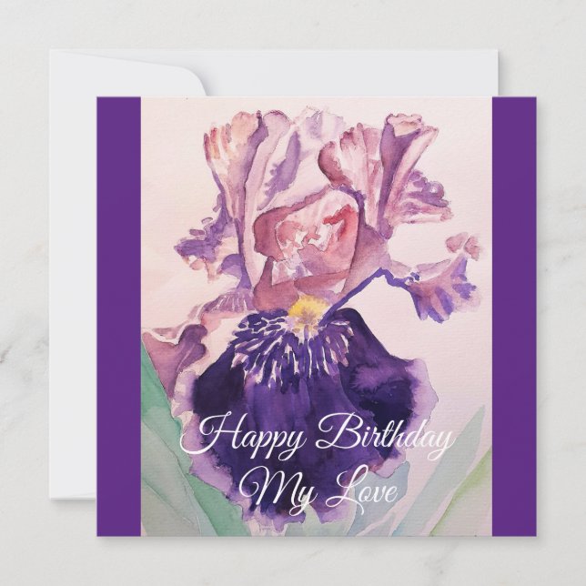 Glorious Purple Watercolor Iris Love Birthday Card (Front)