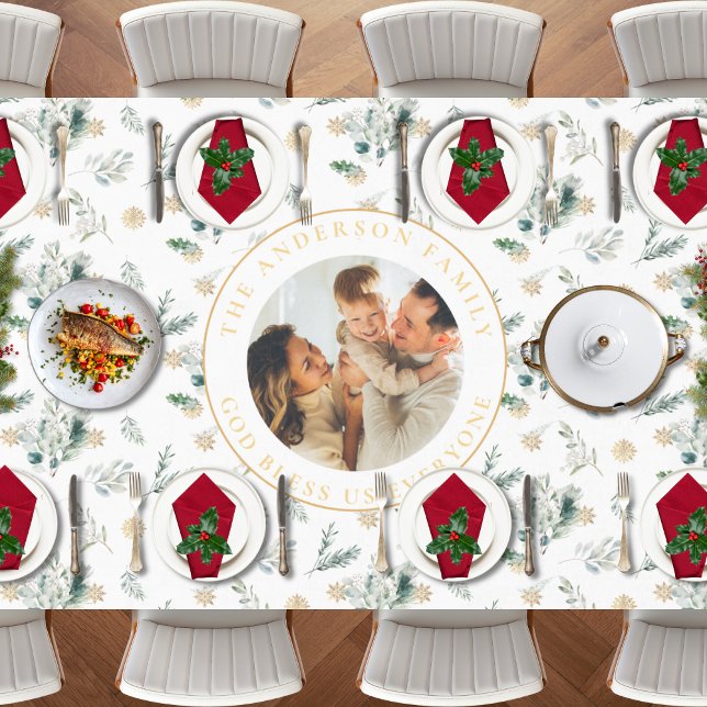 Glory to God Bible Verse Christmas Greenery Tablecloth (Religious Christmas tablecloth with Glory to God Bible verse, family photo and winter greenery)