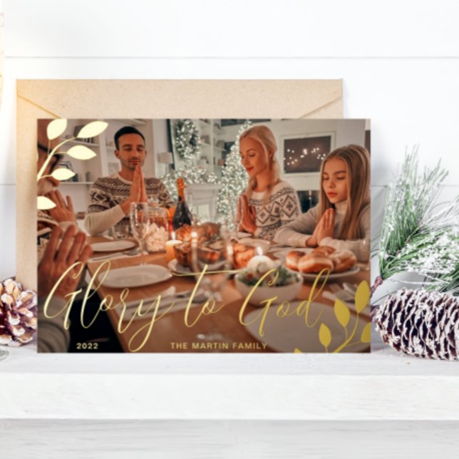 Glory to God Black Botanical Christmas Photo Foil Holiday Card (Creator Uploaded)
