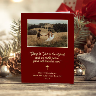 Glory to God Dark Red Two Photo Christmas Gold Foil Holiday Card