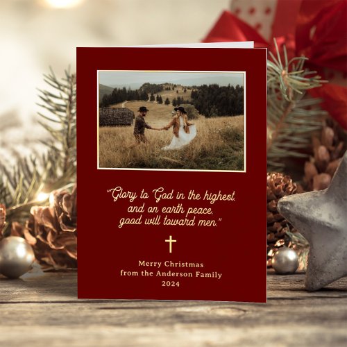 Glory to God  Dark Red Two Photo Christmas Gold Foil Holiday Card