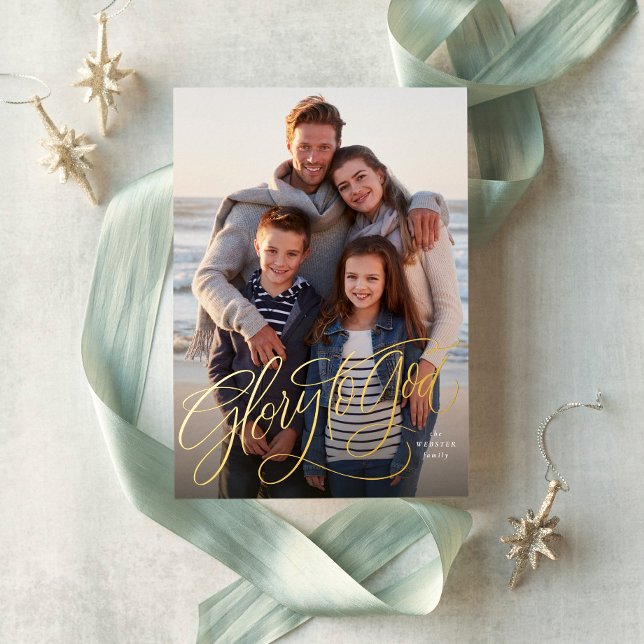 Glory to God elegant religious photo Christmas Foil Holiday Card (Creator Uploaded)