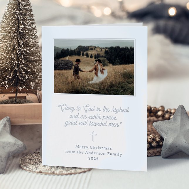 Glory to God | Elegant Two Photo Christmas Silver Foil Holiday Card (Creator Uploaded)
