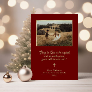 Glory to God Faux Gold and Photo Red Christmas Holiday Card