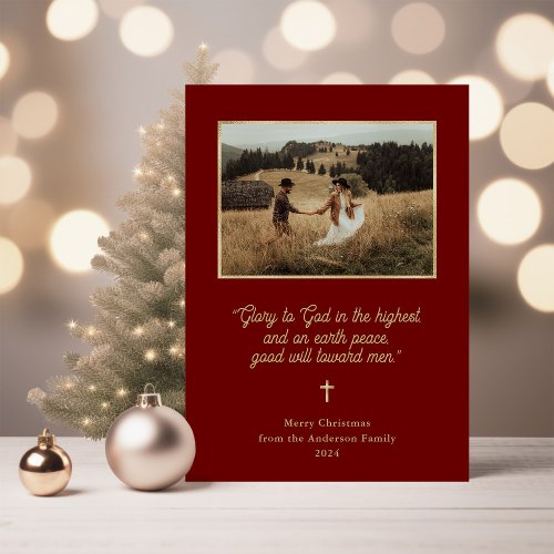 Glory to God  Faux Gold and Photo Red Christmas Holiday Card