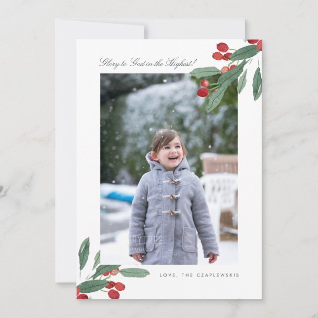 Glory to God Green Leaves & Berries Photo Holiday Card (Front)
