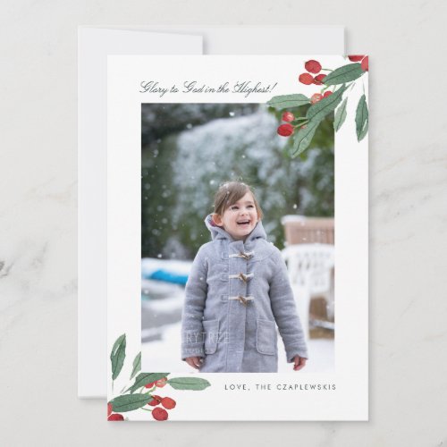 Glory to God Green Leaves  Berries Photo Holiday Card