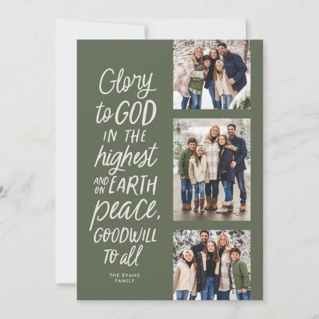 Glory to God green three photo religious Christmas Holiday Card (Front)