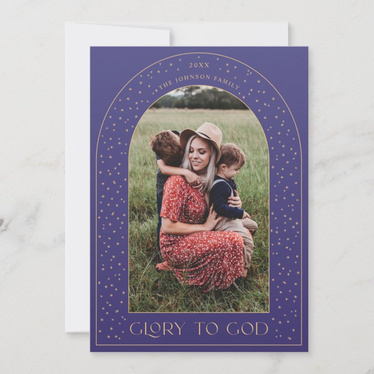 Glory to God Purple Gold Stars Holiday Card