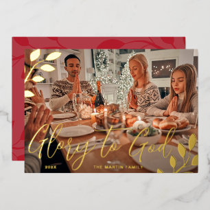 Glory to God Red Botanical Christmas Photo Foil Holiday Card