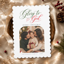 Glory To God Red Green Scalloped Christmas Photo