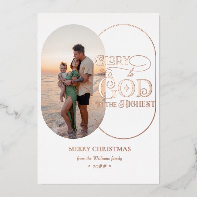 Glory to God Religious Christian 2 Photo Script Foil Holiday Card (Front)