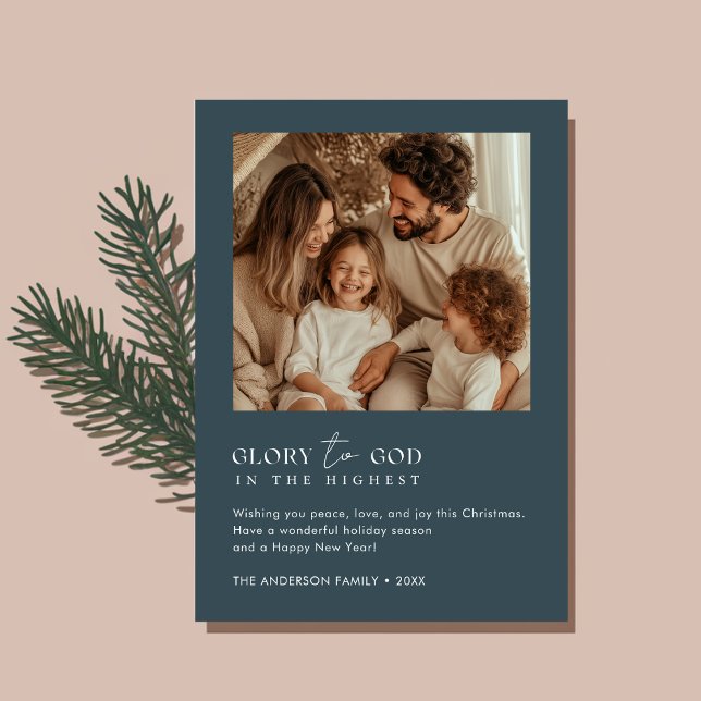 Glory To God Religious Christmas Fun Photo Blue Holiday Card (Creator Uploaded)