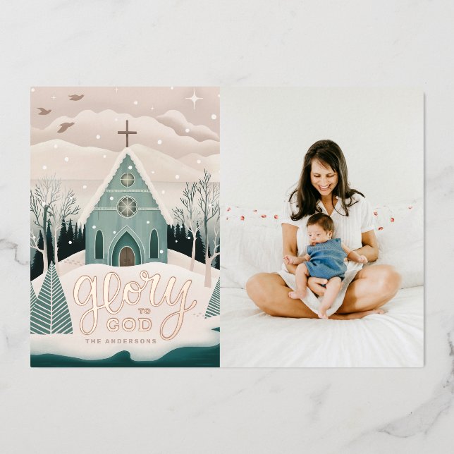 Glory to God | Religious Christmas Gold Photo Foil Holiday Card (Front)
