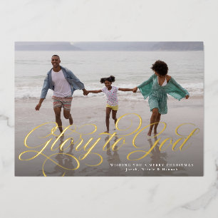 Glory to God religious one photo elegant Christmas Foil Holiday Card