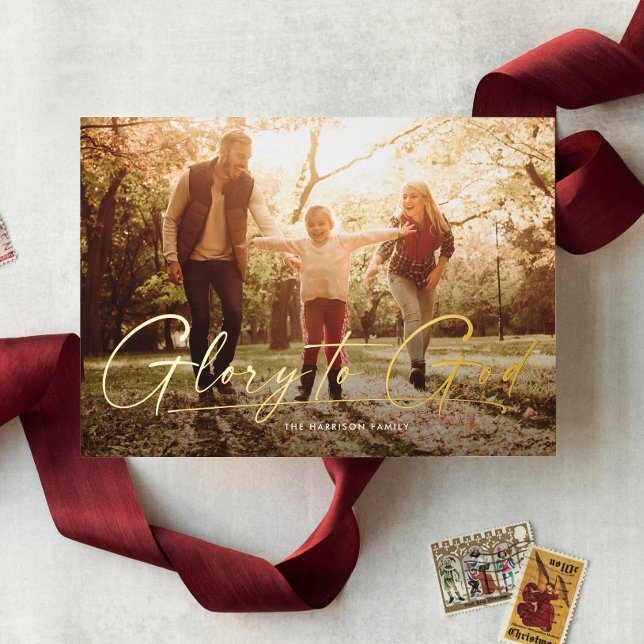 Glory to God religious one photo modern Christmas Foil Holiday Card (Creator Uploaded)