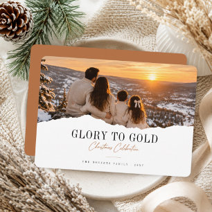 Glory To God Religious Torn Edge Photo Christmas  Holiday Card