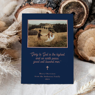 Glory to God   Rose Gold and Navy Photo Christmas Holiday Card