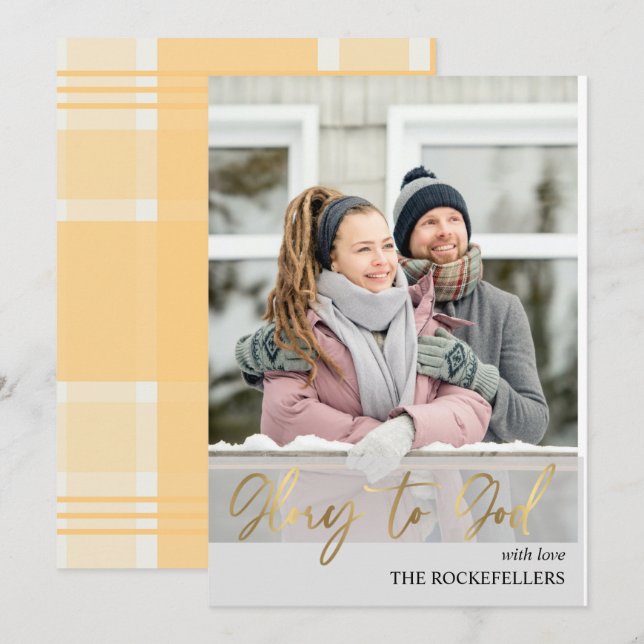 Glory to God Script Christmas Mustard Plaid Photo Holiday Card (Front/Back)