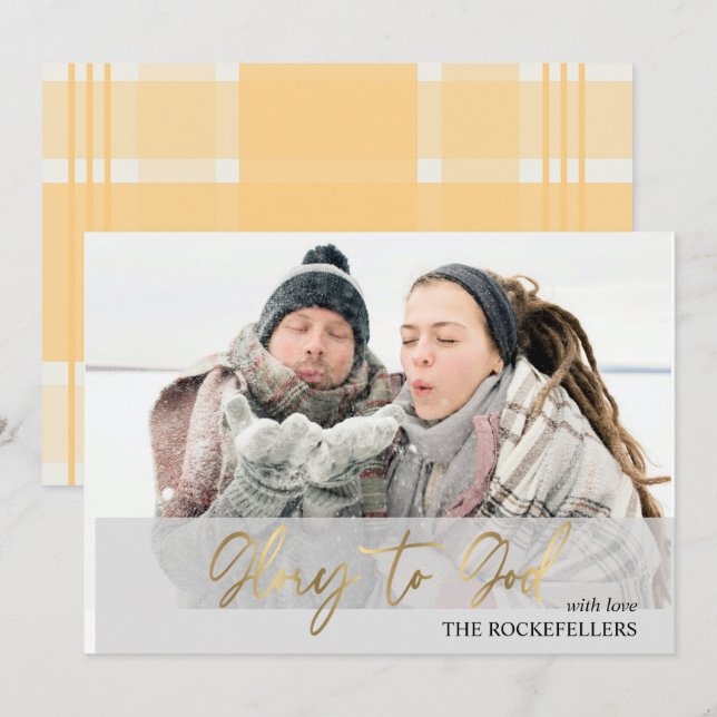 Glory to God Script Christmas Mustard Tartan Photo Holiday Card (Front/Back)