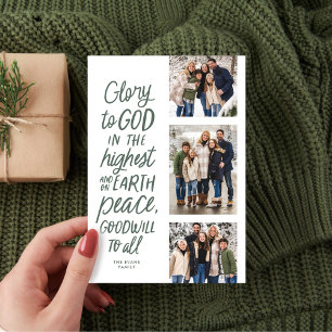 Glory to God three photo religious Christmas green Holiday Card