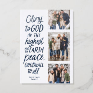 Glory to God three photo religious Christmas navy Letterpress Photo Cards