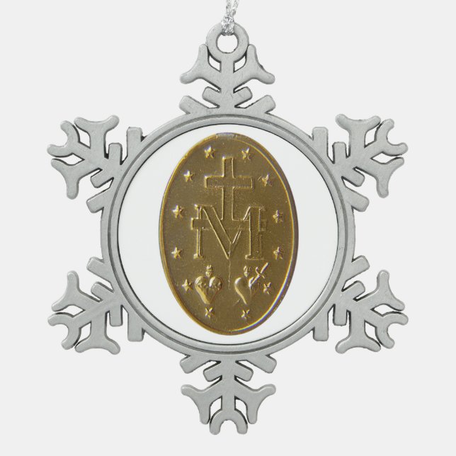Glory To The Miraculous Medal Snowflake Pewter Christmas Ornament (Front)
