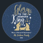 Glory to The Newborn King Glitter Christmas Classic Round Sticker<br><div class="desc">Religious Christmas Gift Stickers in blue and gold with wordings: "Glory to the newborn king"</div>