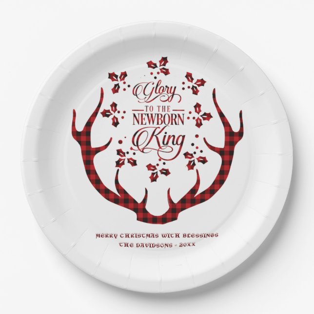 Glory To The Newborn King Red Buffalo Christmas Paper Plates (Front)