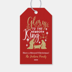 Glory to The Newborn King Red Glitter Gift Tags
