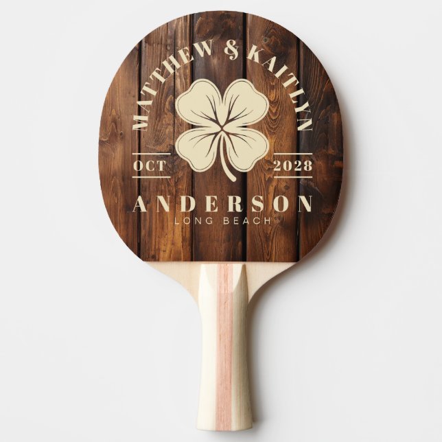 Gloss Stain Boards Irish LuckyClover Wedding Crest Ping Pong Paddle (Front)