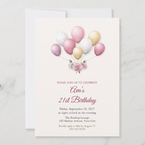 Glossy Balloons and Roses 21st Birthday Invite