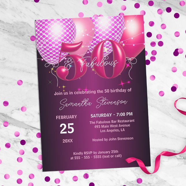 Glossy Balloons Fabulous 50th Birthday Party Invitation (Creator Uploaded)