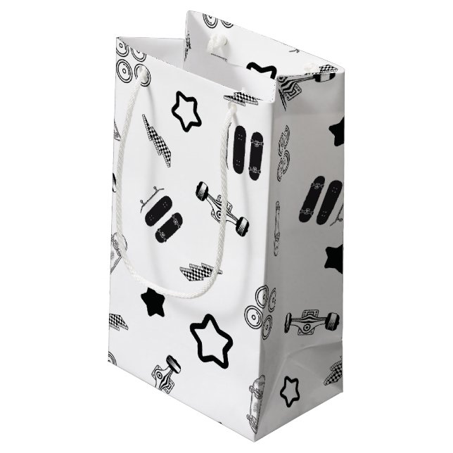 Glossy Black and White Skateboard Gift Bag (Back Angled)