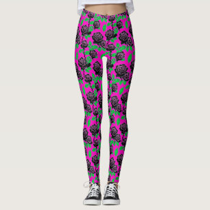 Glossy Black Roses On A Hot Pink Background Leggings