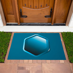 Glossy Blue Hexagon Icon Modern Geometric Doormat