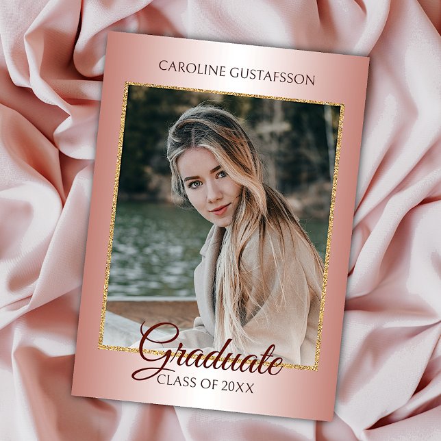 Glossy Coral Blush Pink Gold Glitter Graduation Announcement (Creator Uploaded)