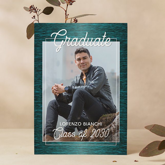 Glossy Dark Blue Green Graduation Announcement Postcard (Creator Uploaded)