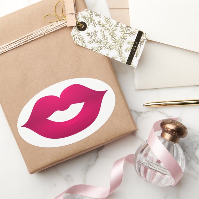 Glossy Dark Pink Lips Oval Stickers (Gifting)