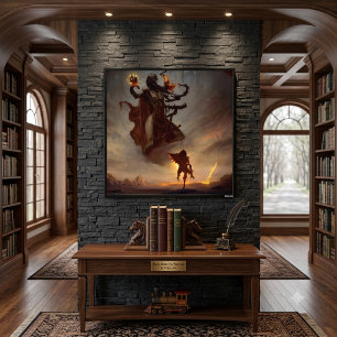Glossy Fantasy Poster with Warrior & Dark Beast