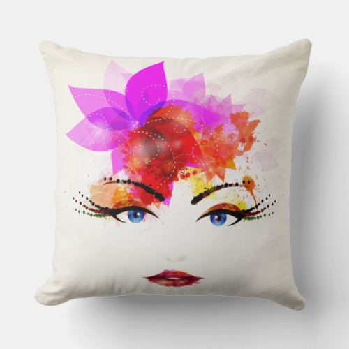 Glossy floral Girl Face Throw Pillow