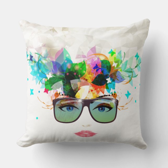 Glossy Floral Woman Face Decorative Throw Pillow (Front)