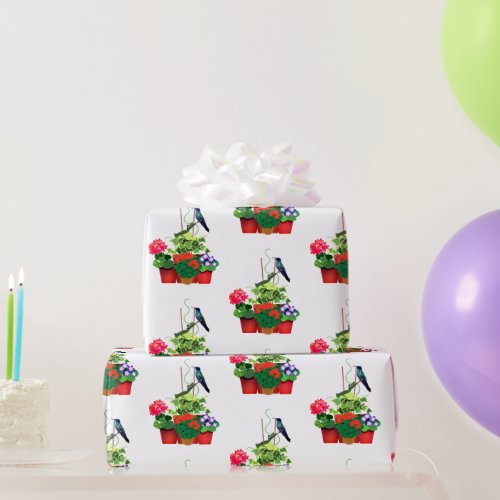 Glossy Flower Pots with Hummingbird Garden Wrapping Paper