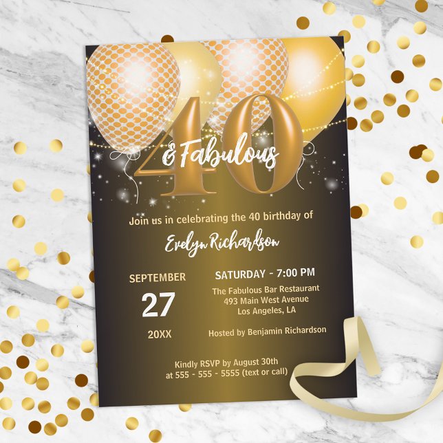 Glossy Gold Balloons Fabulous 40th Birthday Party Invitation (Creator Uploaded)
