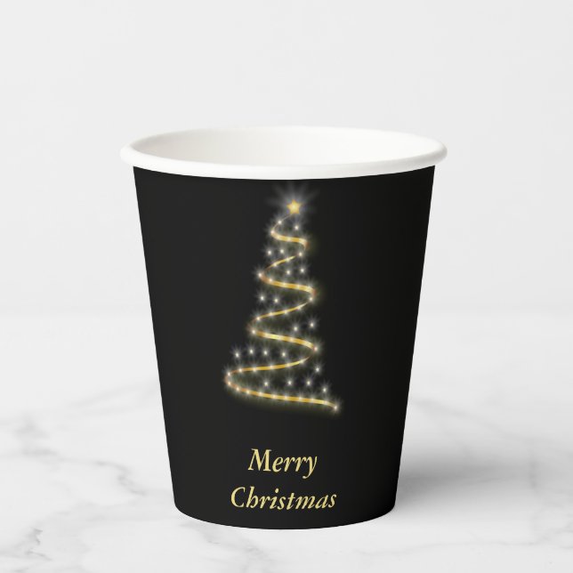 Glossy gold Christmas tree black Paper Cups (Front)